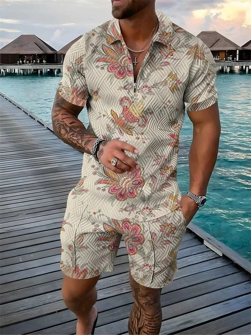 Men Tracksuit 2 pcs sets Floral Print 3D Zipper Lapel Polo Short Sleeve T Shirt and Shorts Casual Zip-Up Polo Shirt Man er 250102