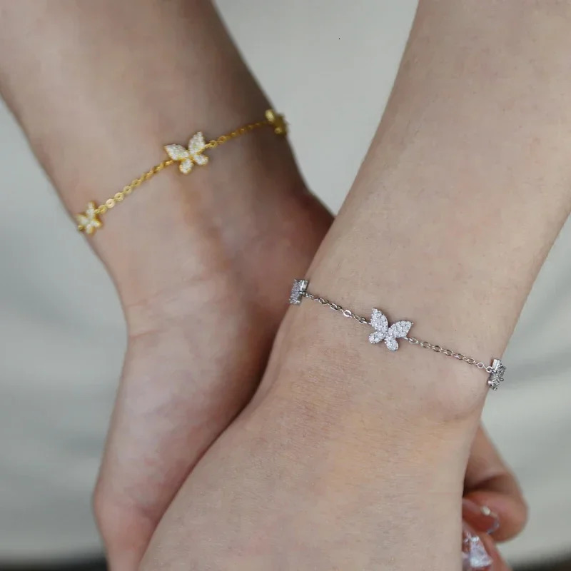 Real 925 sterling silver sparkling CZ butterfly chain pendant sparkling and cute charm bracelet 250102