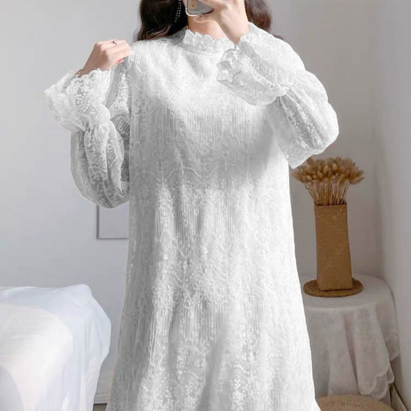 Y395609 Temperament gentle drape lace dress autumn and winter new mid-length plus velvet inner long-sleeved bottoming skirt
