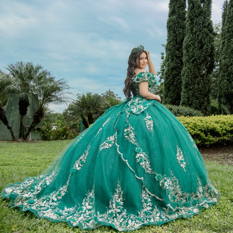 Customized Grren Shiny Quinceanera Dresses Ball Gown Off The Shoulde Applique Flower Beading Bow Tull Party Birthday Sweet 16 Dress