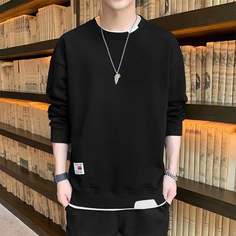Autumn and winter hoodie mens Korean version loose round neck fake two-piece velvet long sleeved trendy versatile top trendy and fashionable for men