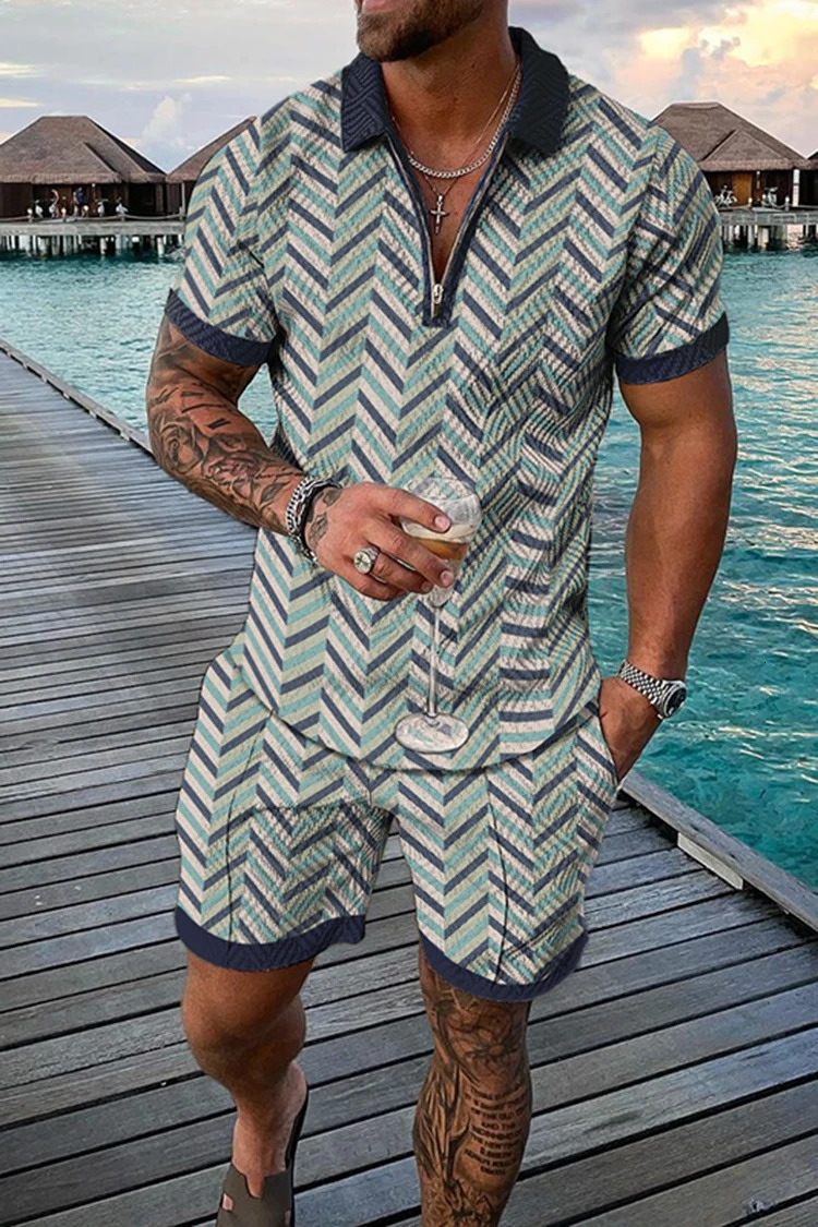 Fashion Summer Mens Tracksuit Short Sleeve Polo Shirt Set Chain Print Clothing 2 Pieces Casual Suit Streetwear Outfit 250102