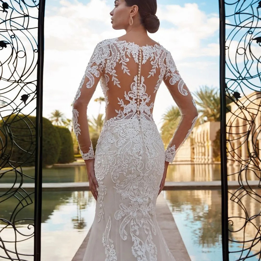 Boho Sheer O-neck Mermaid Wedding Dress Classic Lace Appliques Long Sleeves Elegant Bridal Gown Robe De Mariee