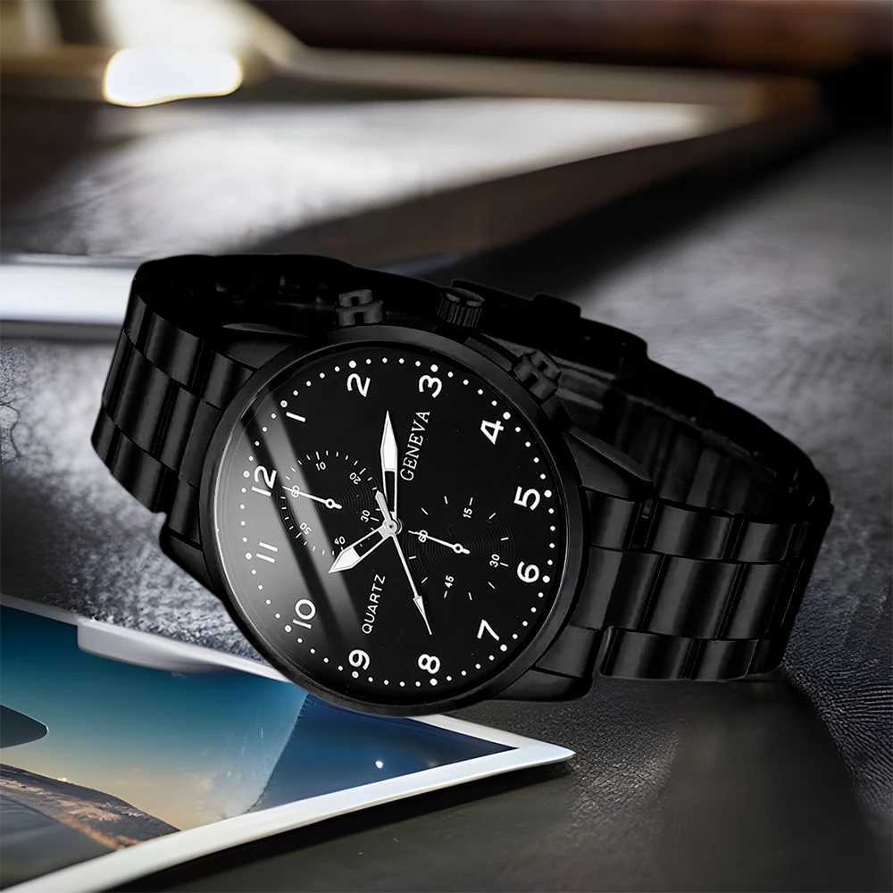 2PCS Mens Black Casual Fashion Three Eye Element Dial Quartz Wrist Leather Str Jewelry Set W250104
