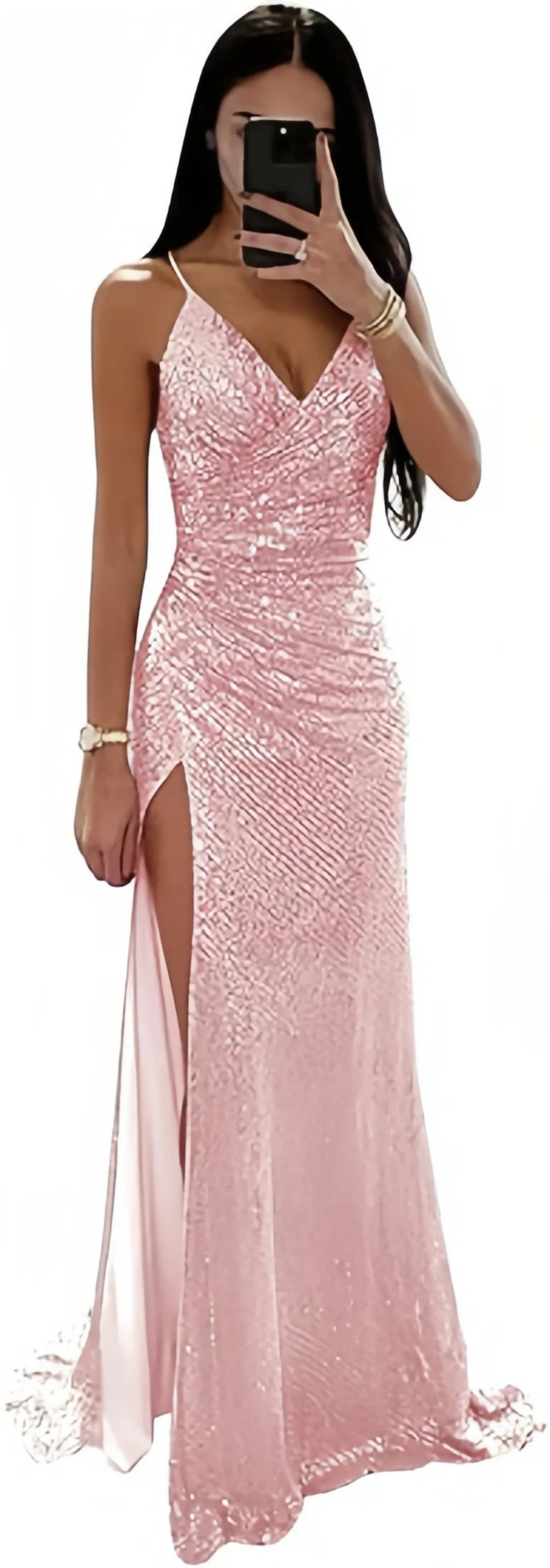 TSxuelian Womens Sparkling V-neck Mermaid Ball Dress Long spaghetti Strap Tight corset Formal Evening Dress High Seam Party Dress 250103