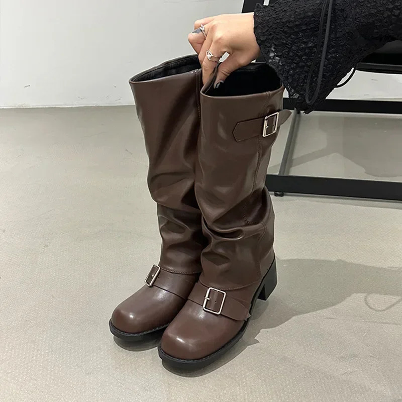 Comemore Autumn Women Biker Boots Fashion Belt Buckle Ladies Elegant Platform Long Pipe Booties Casual Womens Knee High Boots 250103