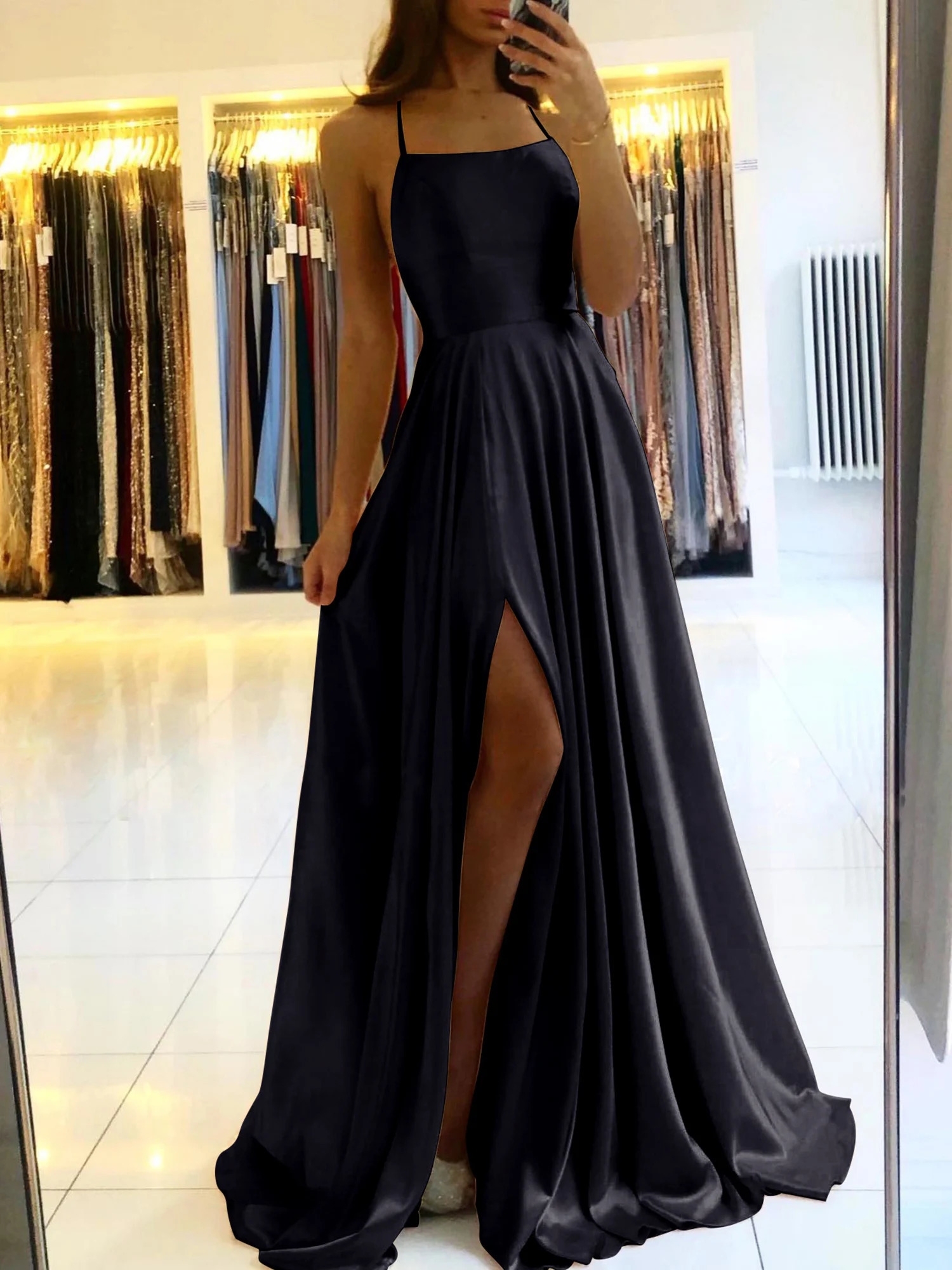 Womens Blue A-line Long Satin Evening Dress Womens Simple spaghetti Strap Sexy Sewing Wedding Ball Dress Vestidos 250103
