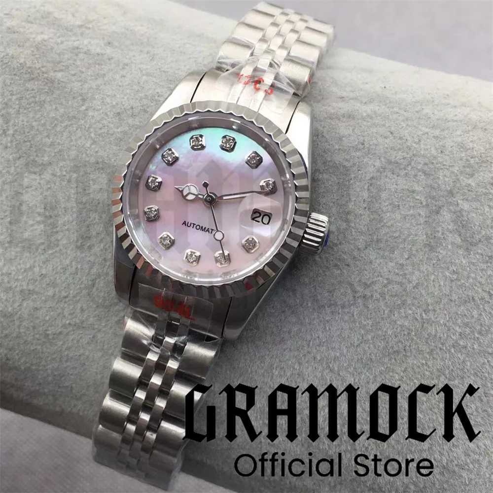 Gramock 26mm Womens 3 oclock Date Diamond Pink Mother of Pearl NH05 Automatic Silver Pearl Glass W250104