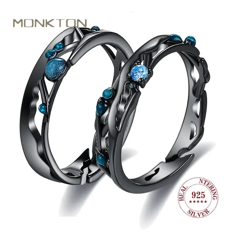 Monkton 100% 925 Sterling Silver Couple Rings Blue Cubic Zirconia Wedding Bands Boho Black Retro Rings for Women Lovers Gift 250103