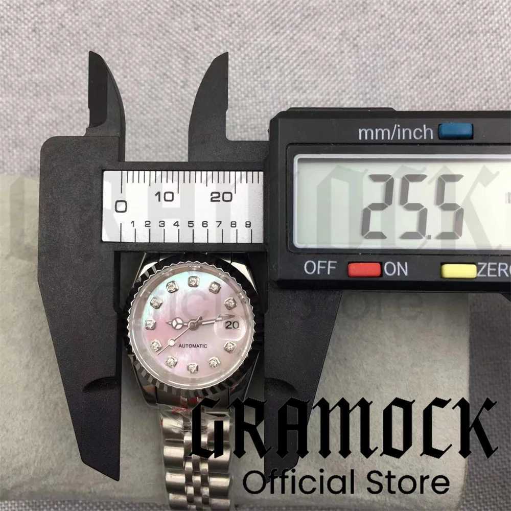 Gramock 26mm Womens 3 oclock Date Diamond Pink Mother of Pearl NH05 Automatic Silver Pearl Glass W250104
