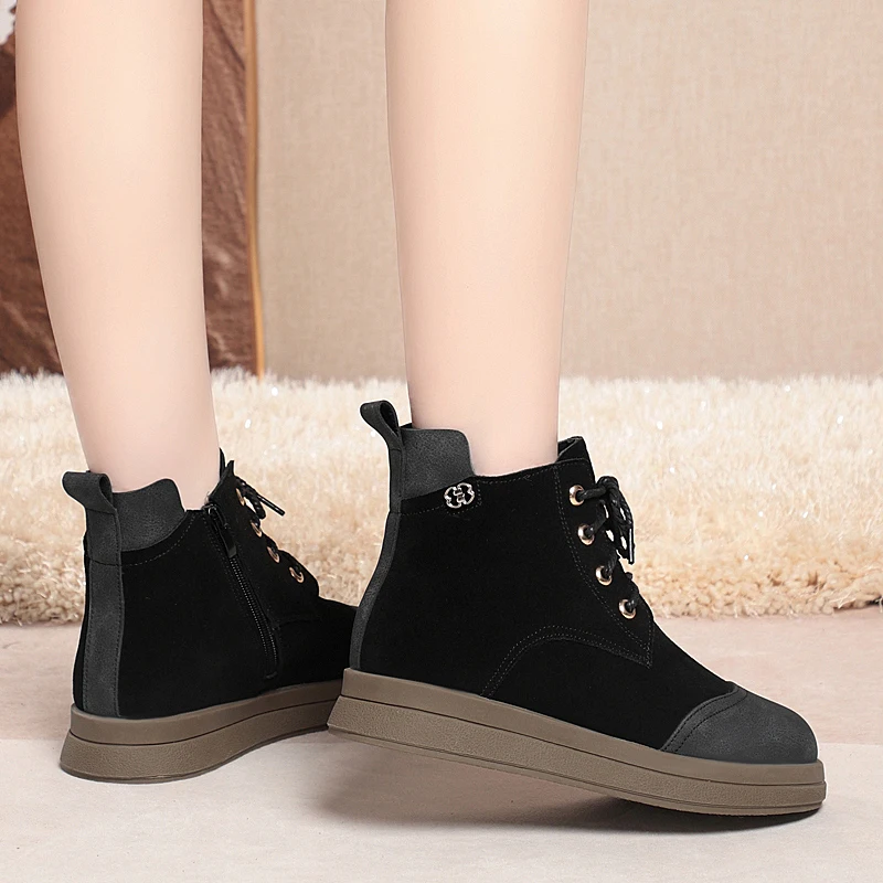 AIYUQI Women Short Boots Genuine Leather Natural Wool Women Winter Shoes Boots Flat Anti-Slip Women Casual Ankle Boots