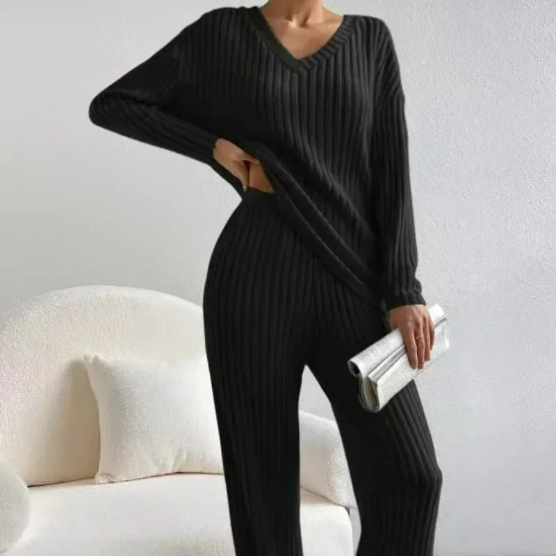 Womens Pajamas Autumn Winter Casual Straight Pants Pullover Sleepwear Loose V Neck Knitted Home Wear Two Piece Loungewear 250103