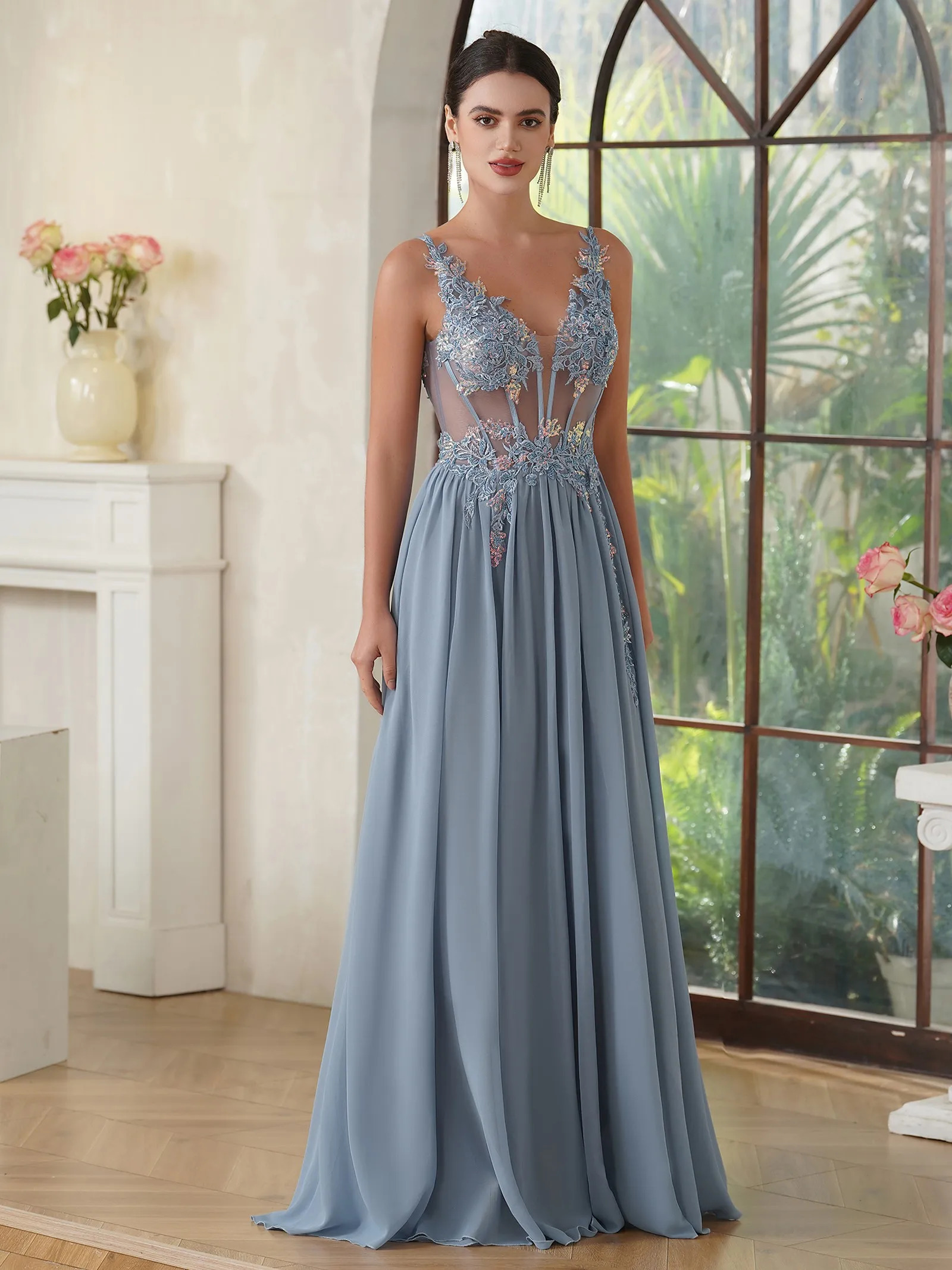 Sparkling decal A-line evening dress elegant fishbone bead illusion spaghetti strap dance dress formal party Vestido De Gala 250103