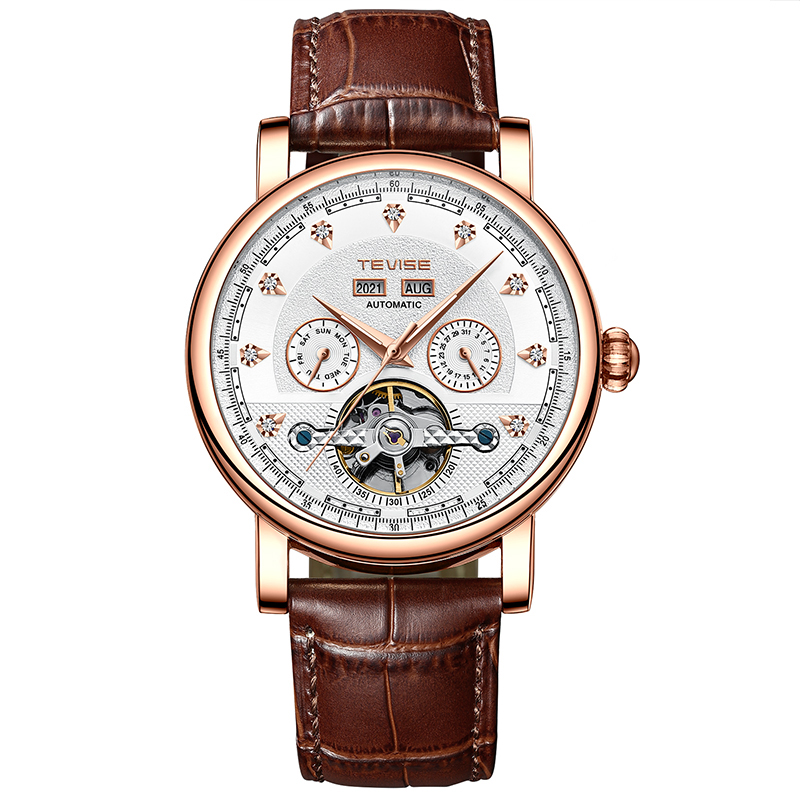 TEVISE Automatic Mechanical Watch Mens Business Fashion Mens Mechanical Wristwatch Waterproof Leather Watch T023 T867C
