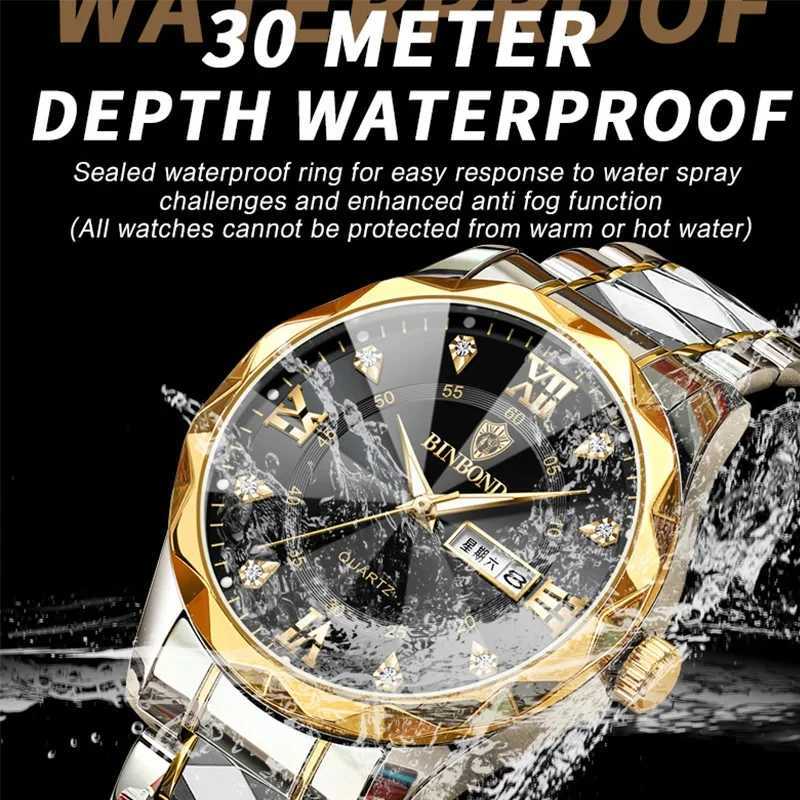 BINBOND Top Brand Luxury Fashion Quartz Mens Waterproof Week Date Clock Stainless Steel Sports Mens Quartz Watch W250104