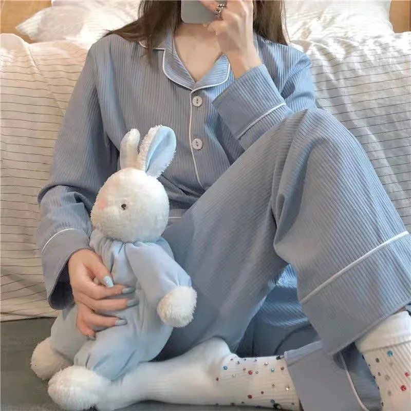 Spring And Autumn Womens Long Sleeve Pajamas Homewear Set Girls Korean Simple Casual Wind Cardigan 250103