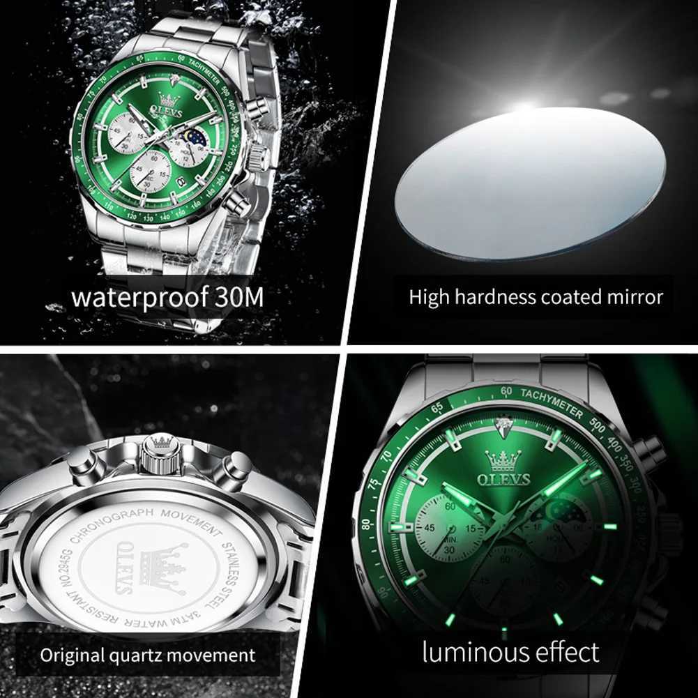 OLEVS Green Mens Timekeeping Luxury Dr Moon Quartz Stainless Steel Waterproof Luminous Busin Watch W250104