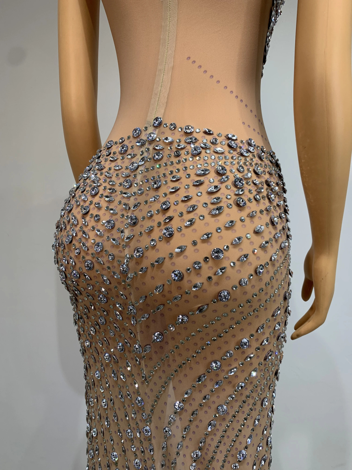 Womens Sparkling Rhinestone Sexy Mesh Stretch Long Dress Elegant Evening Dress Club Singer Stage Performance Costume 250103