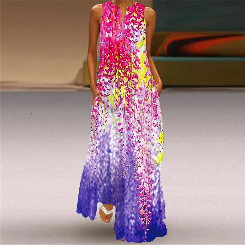 Retro printed womens summer loose sleeveless long skirt elegant womens V-neck pocket bohemian beach sun skirt Vestdos 250103