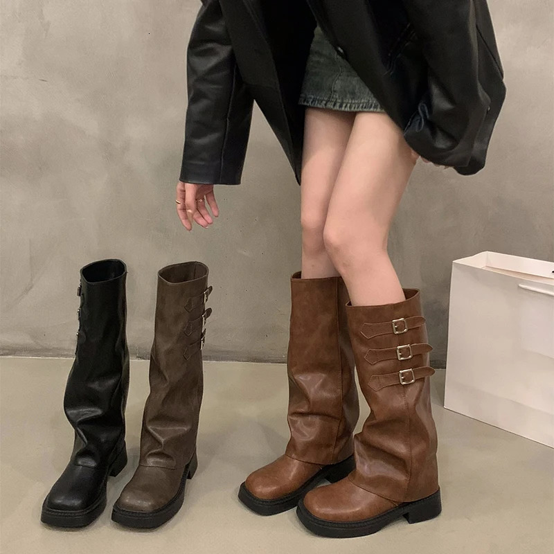 Retro Style Knee High Boots Women Fashion Ladies Slip On Knight Long Boots Autumn Winter Womens Footwear 250103