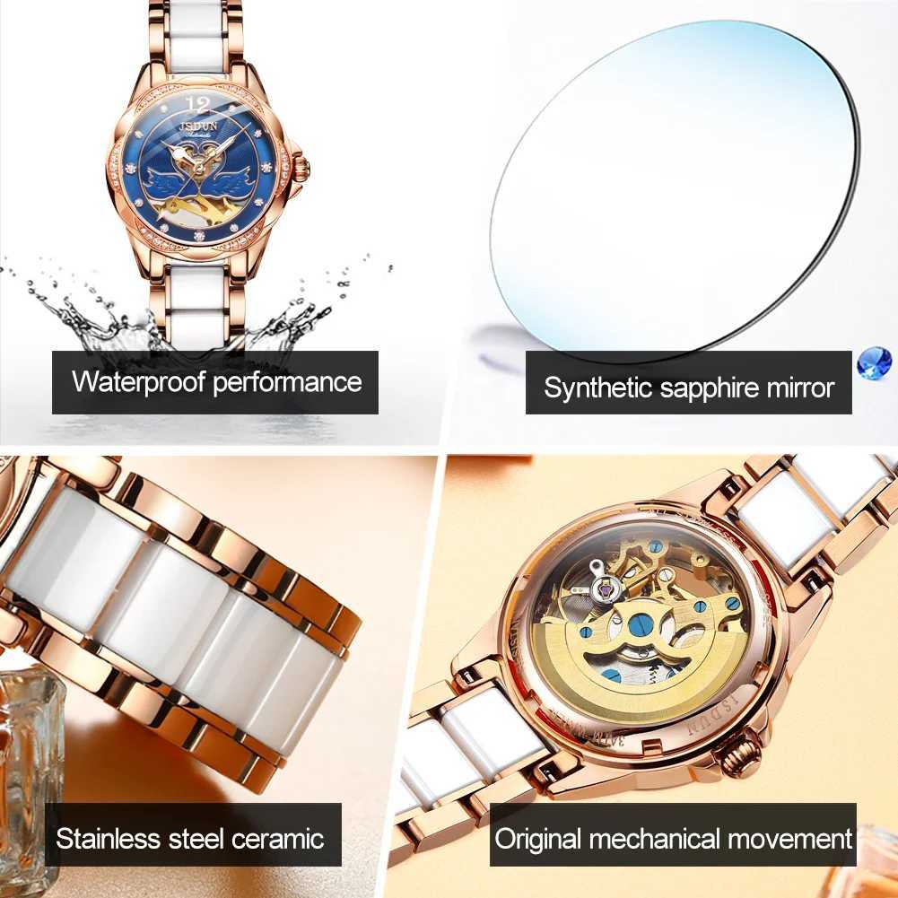 JSDUN Womens Luxury Automatic Mechanical Skeleton Design Diamond Wrist Spherical Mirror Ceramic W250104