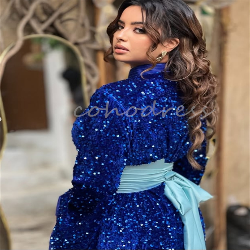 Luxury Caftan Moroccan Evening Dress Navy Blue With Fuchsia Sash Plus Size Sequin Prom Dresses Long Sleeve Dubai Abaya Engagement Arabian abendkleider
