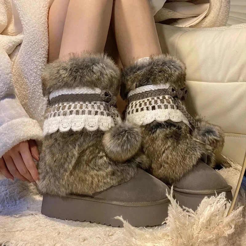 Faux Fur Women Winter Snow Fluffy Fuzzy Warm Cozy Waterproof Platform Lace-up Mid-Calf Ski Boots 2024 250103
