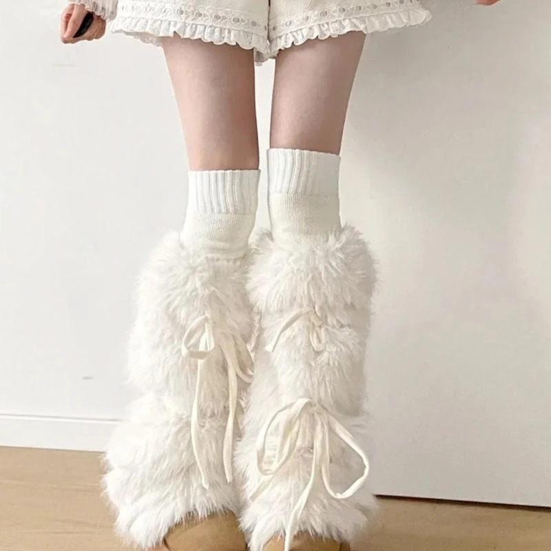 2024 JK Girls Boot Cuffs Leg Warmers Women Winter Warm Harajuku Sweet Ribbon Bowknot Furry Plush White Boot Cover Long Socks 250103