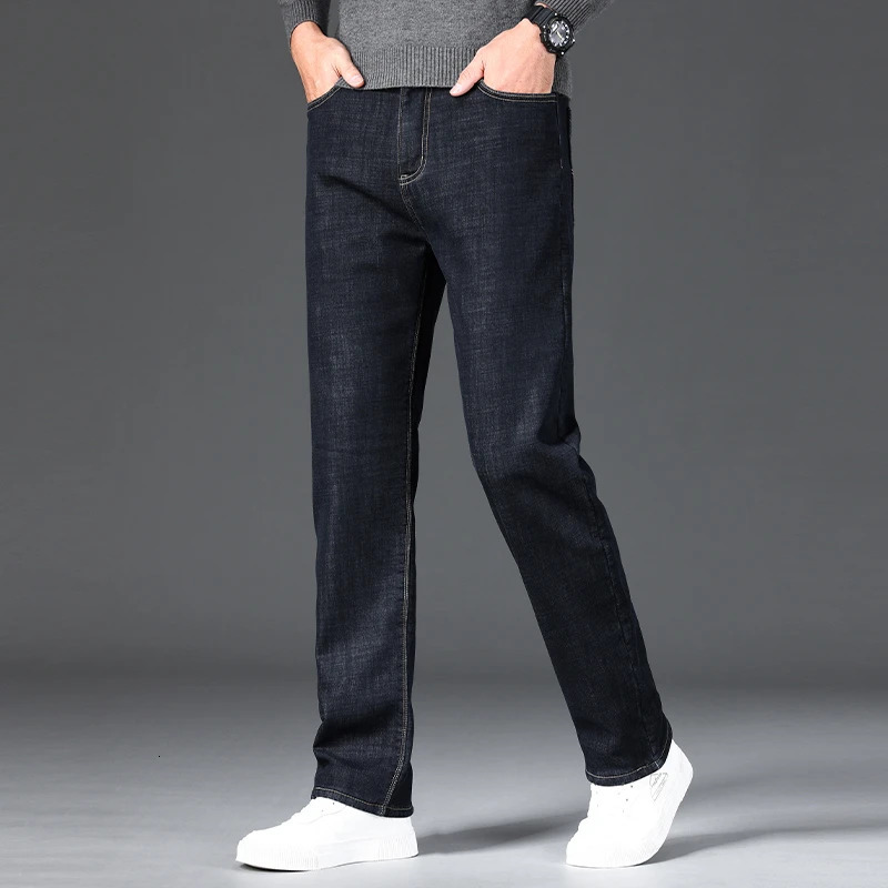 Men Winter Fleece Warm Jeans Fashion Business Pants Retro Classic Denim Trousers Autumn Casual Stretch Slim Jeans Men 241230