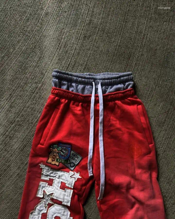 Long Jogging Pants Retro Red Y2K with Letter Patch Embroidery, Loose Elastic Waist Cool Mens Sweatpants