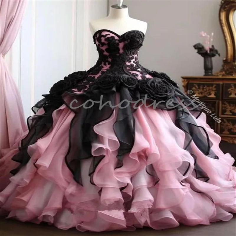 Fantasy Gothic Victorian Prom Dress Black With Pink Ruffles Rococo Costume Masquerade Evening Dress Lace Floral Renaissance Medieval Vestio De 15 Anos