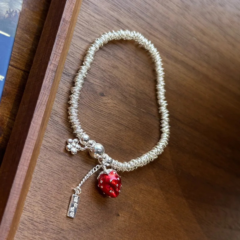 Berry Trouble Bracelet 925 sterling silver red oil drop strawberry long silver round bead bracelet for women B3273 250102