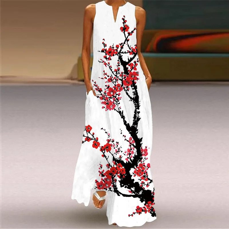 Retro printed womens summer loose sleeveless long skirt elegant womens V-neck pocket bohemian beach sun skirt Vestdos 250103