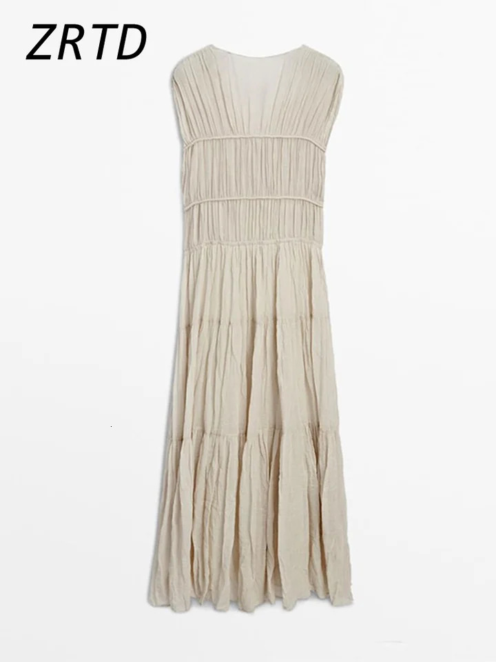 Elegant ruffled backless long party dress for women loose O-neck sleeveless high waisted womens dress 2025 spring womens solid robe 250103