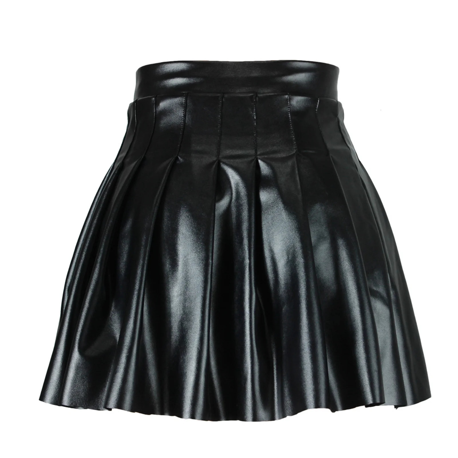 Women High Waist A-line Pleated Skirt y2k E Punk Gothic Black Latex Side Invisible Zip Flared Mini Skirts Chic Club Wear 241224