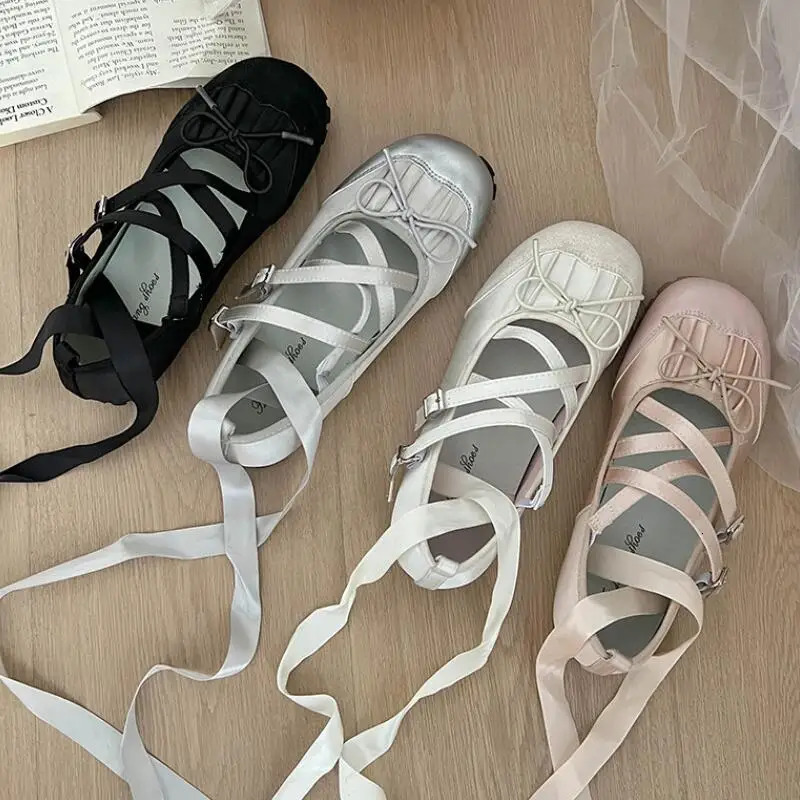 2024 Spring Mary Jane Cross Strap Flats Shoes Women Fashion Elegant Round Toe Ladies Comfort Soft Sole Ballerinas Shoes 250103