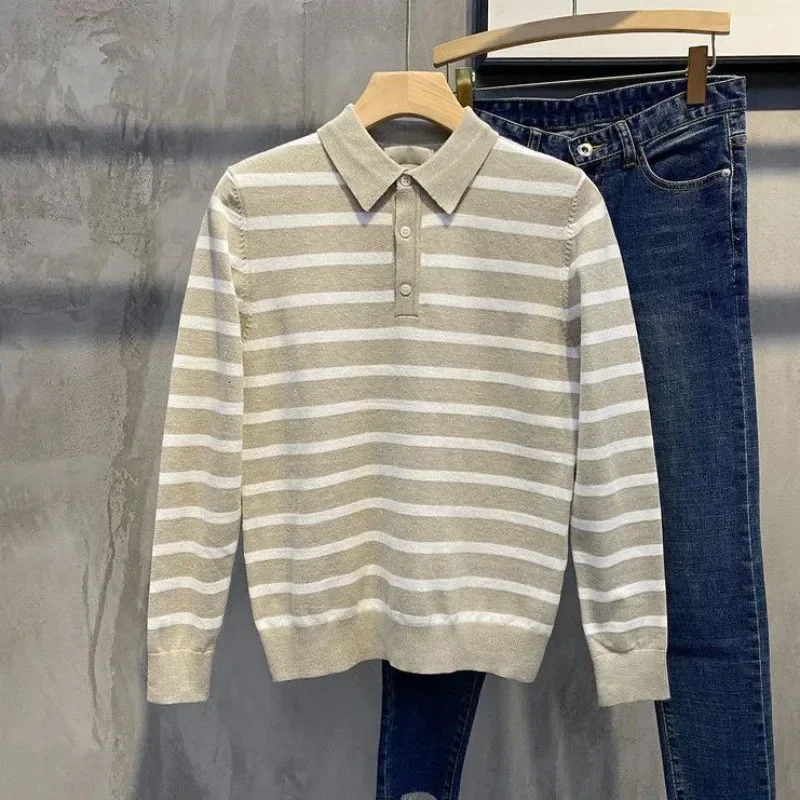 Knitted Winter Tight Mens Clothing Ultra Thin Fit Mens Polo Shirt Green Stripe High Quality Bulk Original Full Set XL 250103
