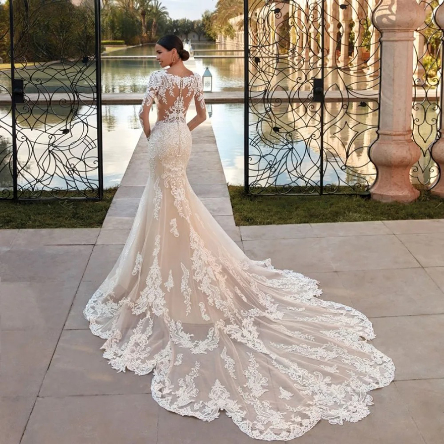 Boho Sheer O-neck Mermaid Wedding Dress Classic Lace Appliques Long Sleeves Elegant Bridal Gown Robe De Mariee