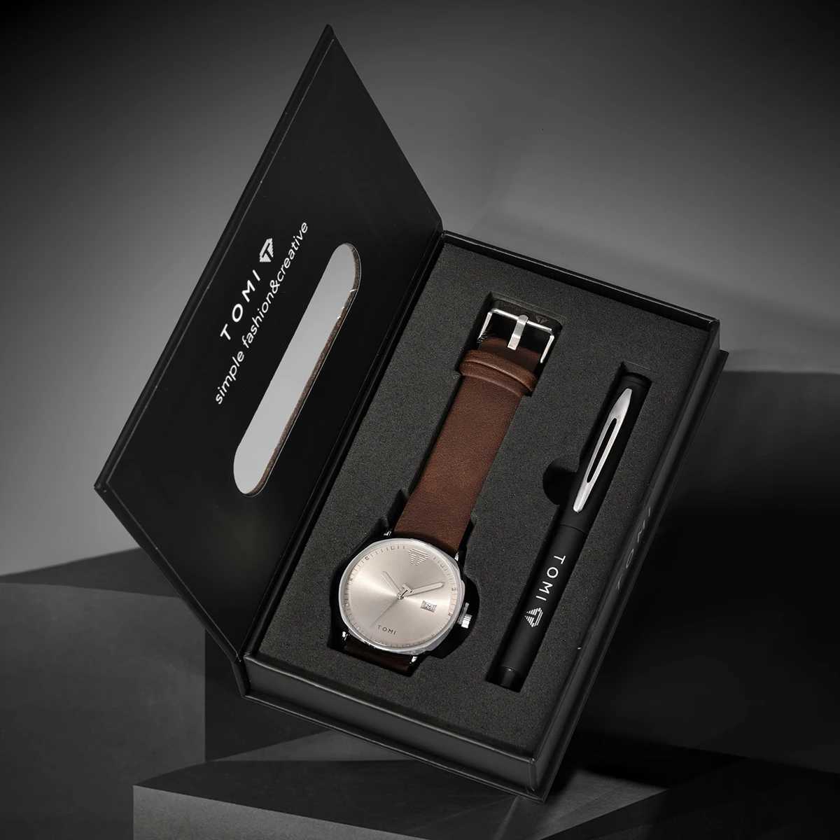 TOMI New 2PCS Luxury Business Mens Gift Box Set Simple Leisure Mens Calendar Quartz Pen Reloj Mens Holiday Gift W250104