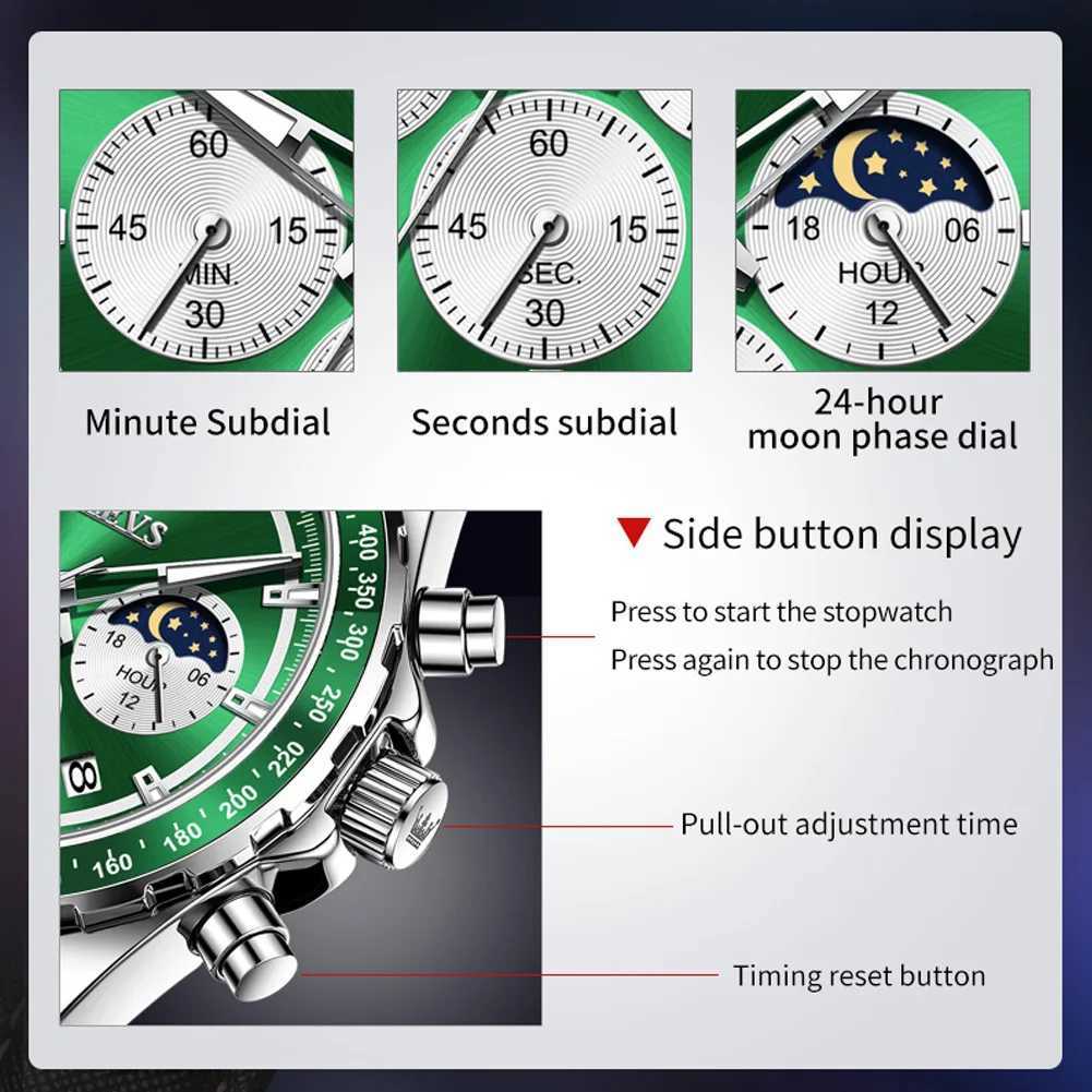 OLEVS Green Mens Timekeeping Luxury Dr Moon Quartz Stainless Steel Waterproof Luminous Busin Watch W250104