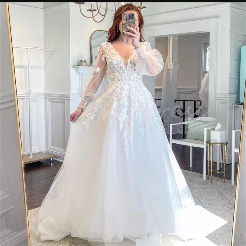 Chic Boho Wedding Dress With Long Sleeve V Neck A line Ethereal Tulle Bohemian Beach Bridal Dress Civil Country Bride Simple Fiary Robe De Mariee 2025