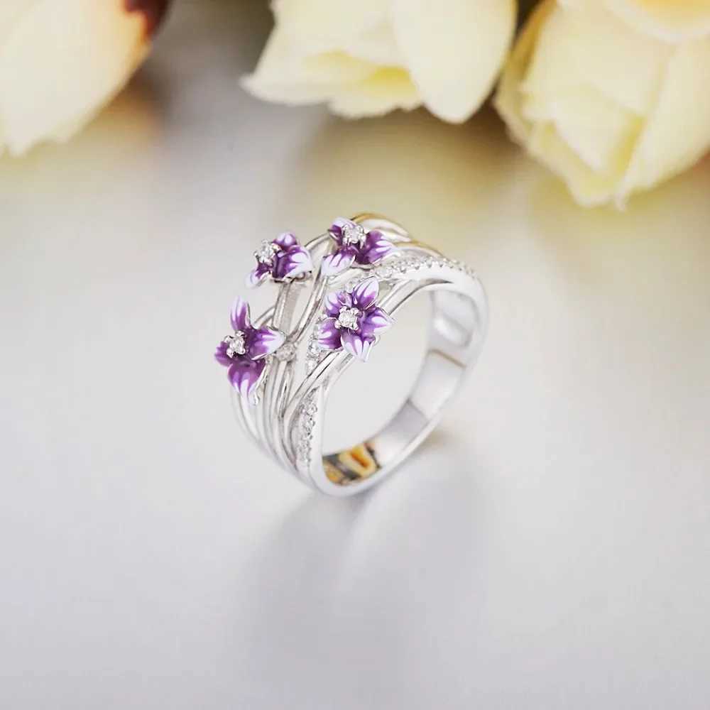 Authentic 925 Sterling Silver Stackable Violet Drop Glue Ring Daisies Flower Zircon Finger Ring for Women Jewelry Gift BijouxXJ250514