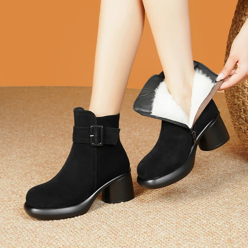 AIYUQI Snow Boots Women Genuine Leather Women Ankle Boots High Heel Fashion Non-slip Natural Wool Women Winter Boots