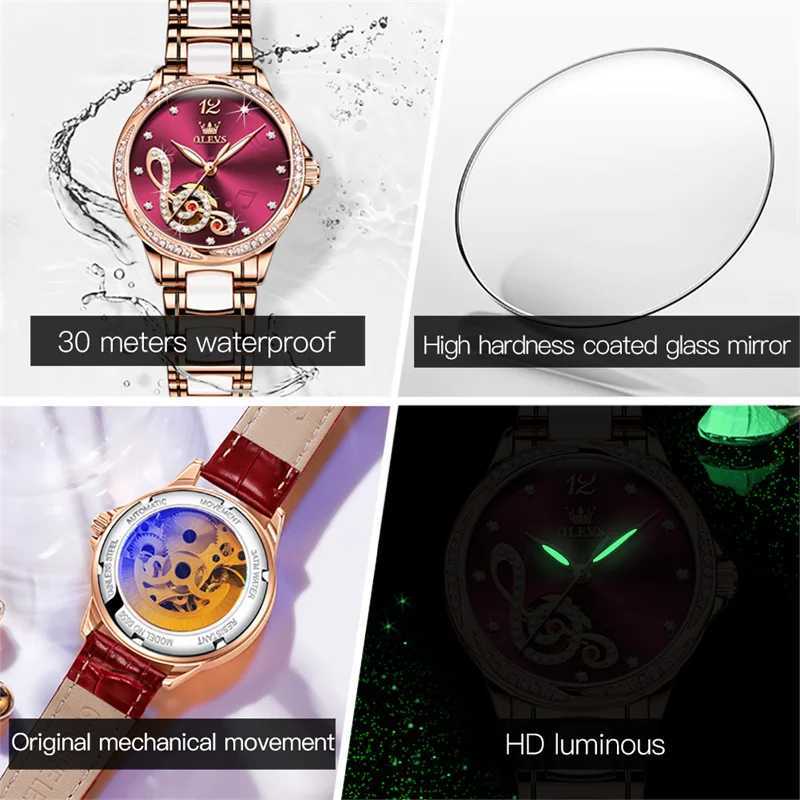 OLEVS Music Note Ceramic Diamond Womens Luxury Brand Womens Automatic Mechanical Womens Relogio Womens Gifts New W250104