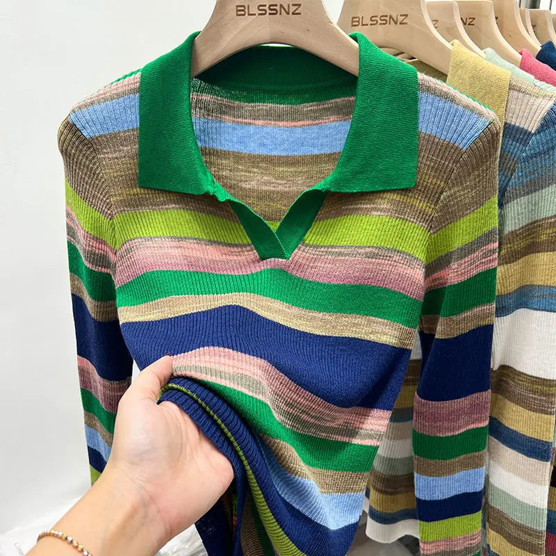 Polo neck womens long sleeved top striped clothing knitted youth provides fashionable and elegant summer womens cotton T-shirt 250103