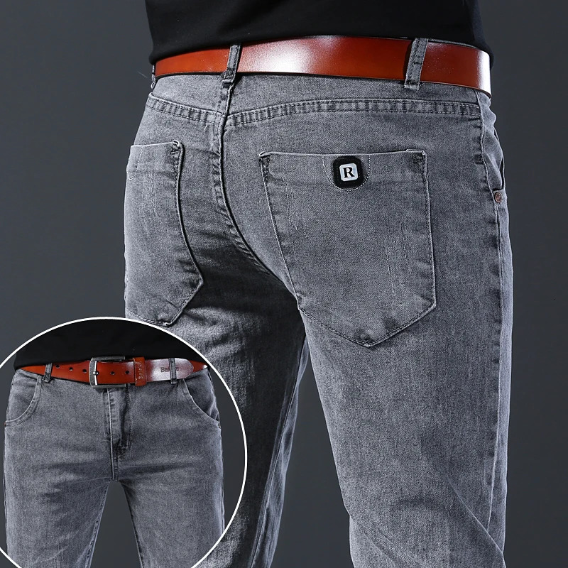 style jeans mens slim fit Korean style comfortable straight leg elastic gray mid waist pants mens casual denim pants 241230