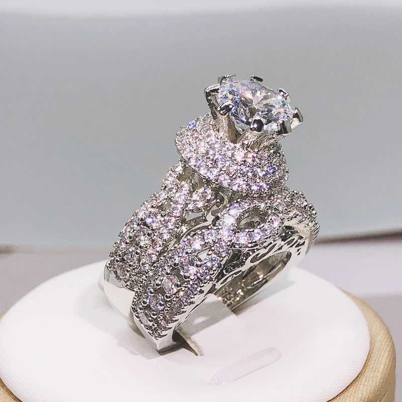 925 Silver Tren Milangirl White Crystal Round Ring 2 pcs Set For Women Girls Wedding Engagement Party Fashion JewelryXJ250104