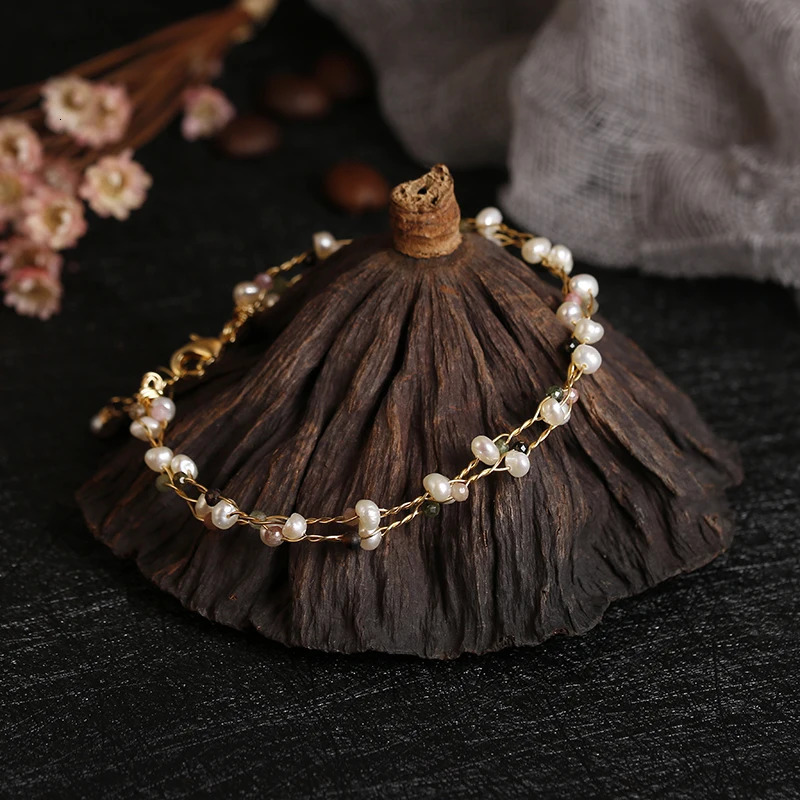 Original handmade 14K gold filled natural freshwater pearl tourmaline womens bracelet jewelry womens birthday gift 250102