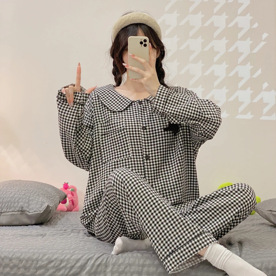 Plus Size Pajama Mujer Cherry Print Sleepwear Set Long Sleeve TopPants Ruffle Homewear SkinFriendly Breathable 250103
