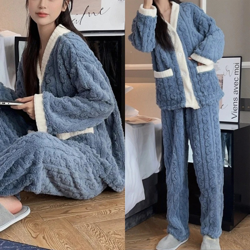 2pcsSet Autumn and Winter Pajamas Women Thickened Padded Warm Students Coral Girls Clot Velvet Suit Homewear Cardigan Trousers 250103